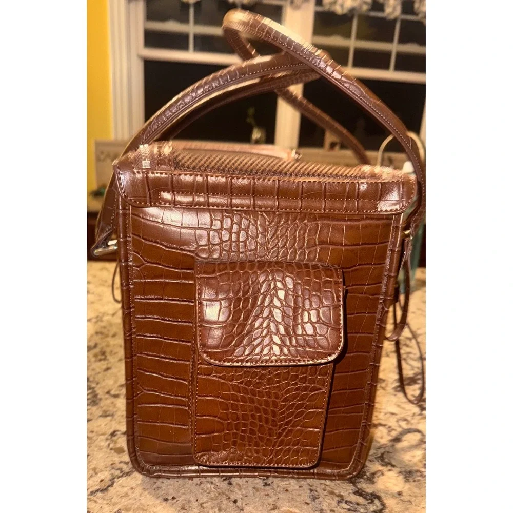 Croc Embossed Faux Leather Pet Carrier Brown Mesh Dog Cat Travel Bag 17in